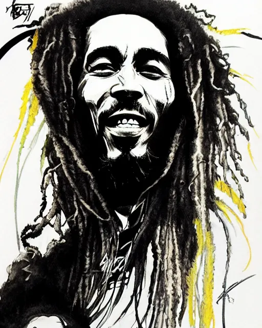 Image similar to / dream portrait of bob marley, concept art, sumi - e style, intricate linework, artstation, trending, highly detailed, smooth, focus, art by yoji shinkawa,