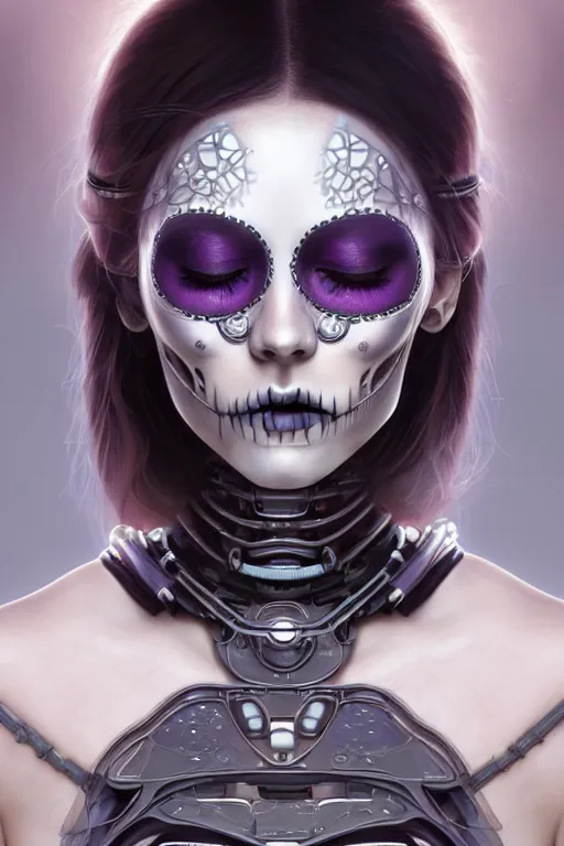 Prompt: ultra detailed portrait of a female android, eyes closed, 8 k, sci - fi, flowerpunk, fantasy, moody, calm, ( dia de los muertos ), asymmetrical, intricate concept art, art by artgerm and giger and michael welan and alphonse mucha and loish and wlop