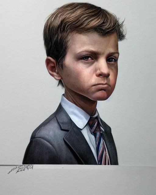 Image similar to portrait of a 7 year old child, gritty, serious, wearing a suit, very detailed eyes, hyperrealistic, beautiful, very detailed painting by Glenn Fabry, by Joao Ruas, by Artgerm