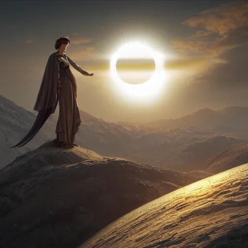 Image similar to a highly detailed matte painting of a double solar eclipse, art by artgerm and greg rutkowski and alphonse mucha, volumetric lighting, octane render, 4 k resolution, trending on artstation, masterpiece