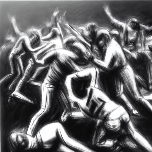 Image similar to A moshpit, b&w, charcoal, by Robert Longo