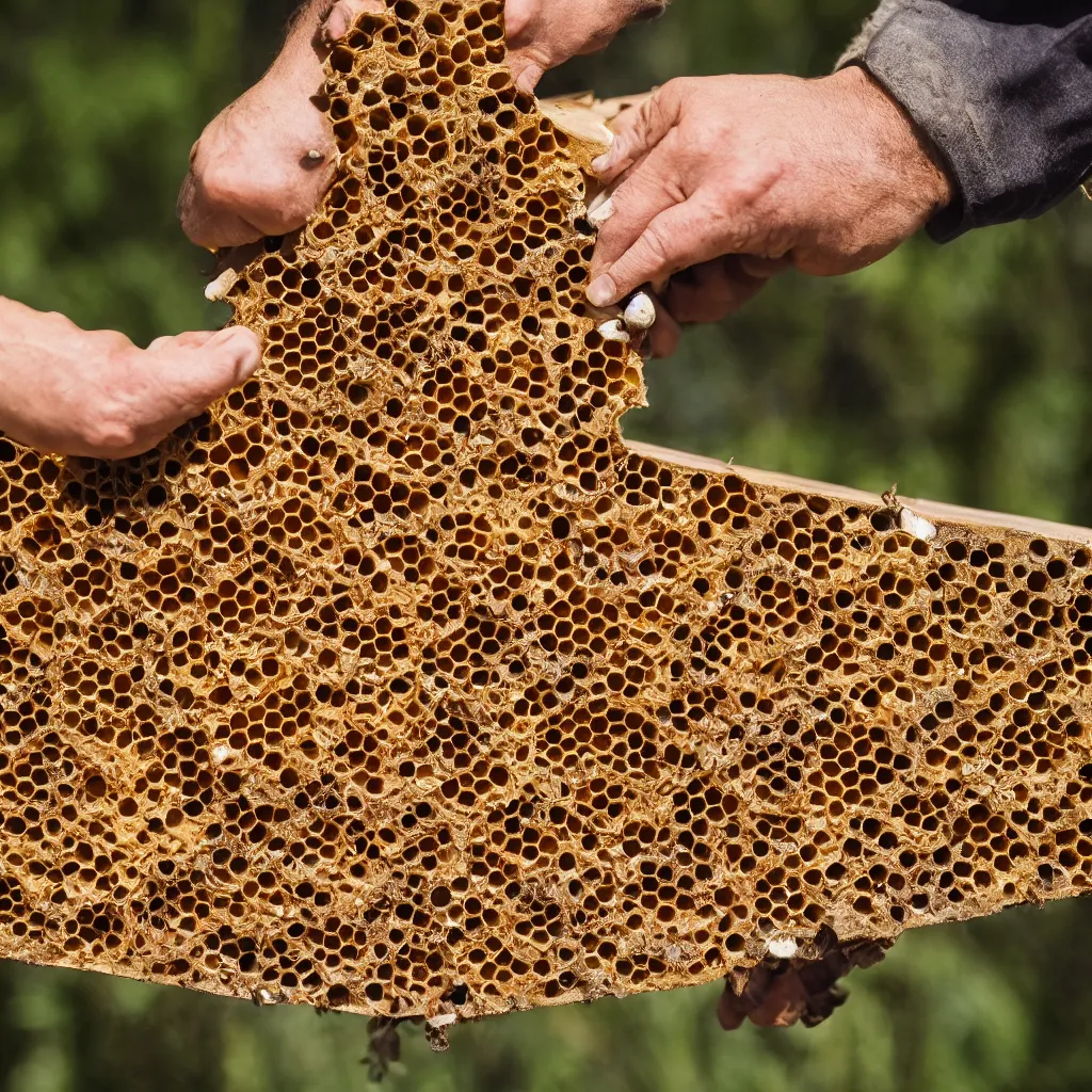 Prompt: a honeycomb rests on a beam of wood, bees swarm on the honeycomb, a man's hand points to grass stems below the honeycomb, photorealistic, sunny, summer