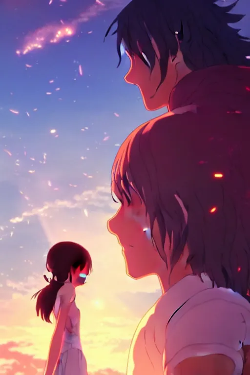 Image similar to fantasy romance movie poster by makoto shinkai, visually stunning, beautiful lighting