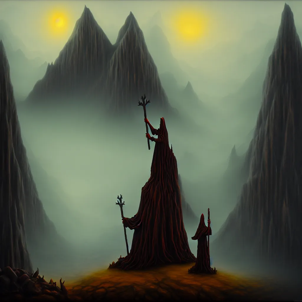 Prompt: evil druid ritual, wooden statue, dark mountain background, a detailed matte painting, fantasy, foggy, grim, dark, oil on canvas