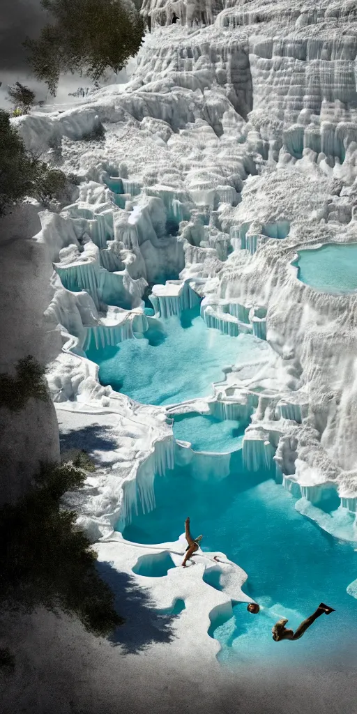 Downward View Of Diver Plunging Downward At Pamukkale, 