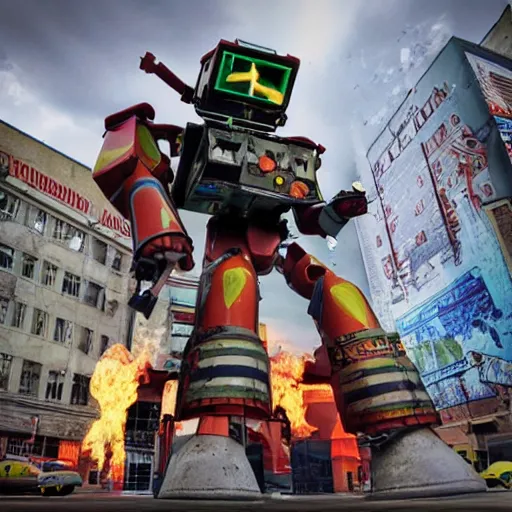 Image similar to giant toy soldier robot destroying a city