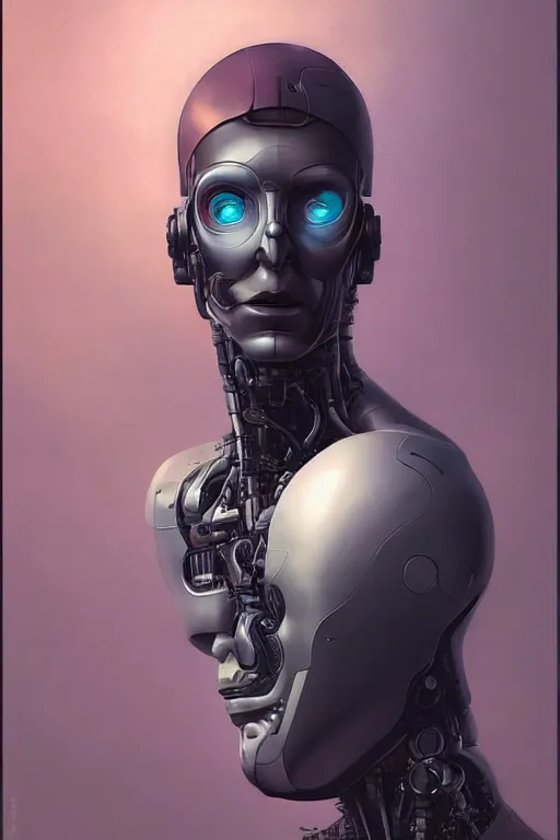 Image similar to portrait of a half man half robot, straight on portrait, by artgerm, tom bagshaw, gerald brom, vaporwave colors, lo - fi colors, vaporwave, lo - fi, moody vibe, goth vibe, 4 k, hd,