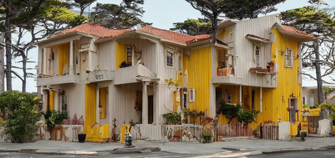 Prompt: exterior of house designed by wes anderson. monterey, ca. 2 0 2 2. 8 k.