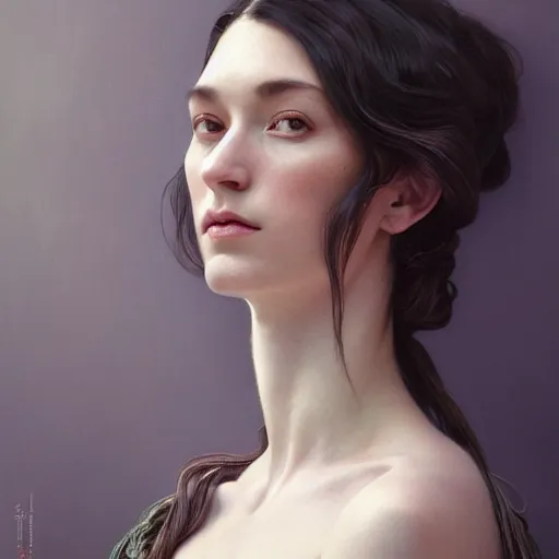 Image similar to portrait of a middle aged artsy woman, avangarde, unique, artistic soul, nature, plants, wool, upper body, long hair, intricate, elegant, highly detailed, digital painting, artstation, concept art, matte, sharp focus, illustration, art by artgerm and greg rutkowski and alphonse mucha