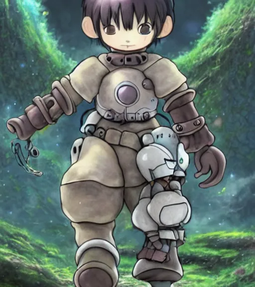 Prompt: beautiful little boy wearing an cyborg bear suit, artwork in kentaro miura and made in abyss, inspired in super bomberman, smooth, beautiful lightness, anatomically correct, trending on pixiv, forest