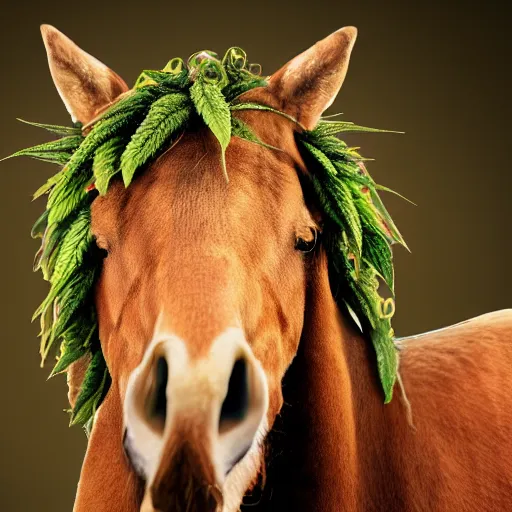 Image similar to close up photograph of very high on weed donald trump horse hybrid, stoner eyes, donald trump horse hybrid smoked weed, weed background, smoking a blunt, 8 k resolution