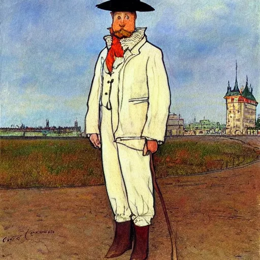 Image similar to painting carl larsson, cow, dressed, anthropomorphic!!, wearing!!! clothes!!!, standing next to royal castle!!!