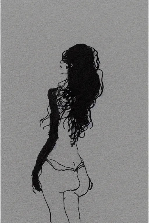 Prompt: ink lineart drawing of beautiful woman by the beach, white background, etchings by goya, chinese brush pen illustration, high contrast, deep black tones, contour