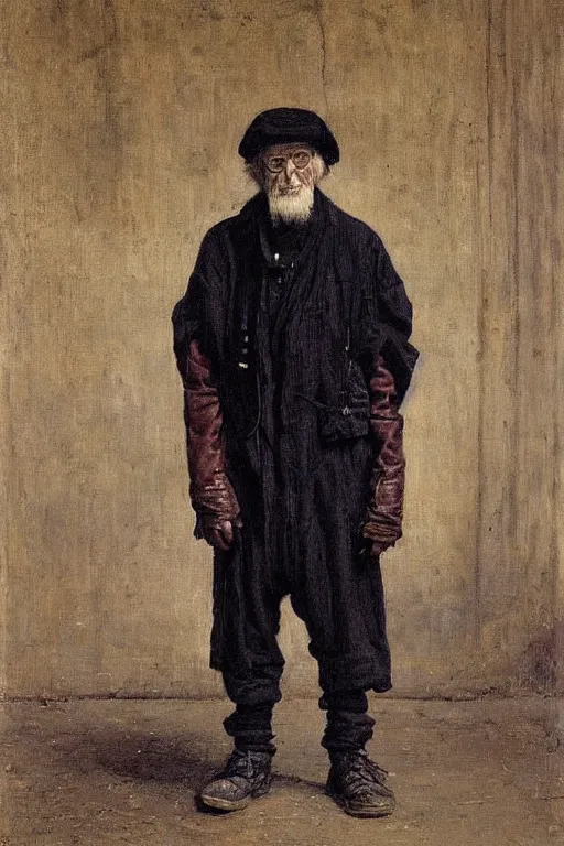 Prompt: standing portrait of an old wizened man dressed in cyberpunk - inspired designer streetwear by raf simons, painted by albrecht anker, jules bastien - lepage, william henry hunt, beautiful painting, soft lighting