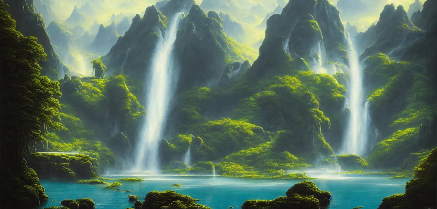 Prompt: a painting of a waterfall and a lake surrounded by mountains, a detailed matte painting by david a. hardy, featured on cgsociety, fantasy art, matte painting, 2 d game art, concept art