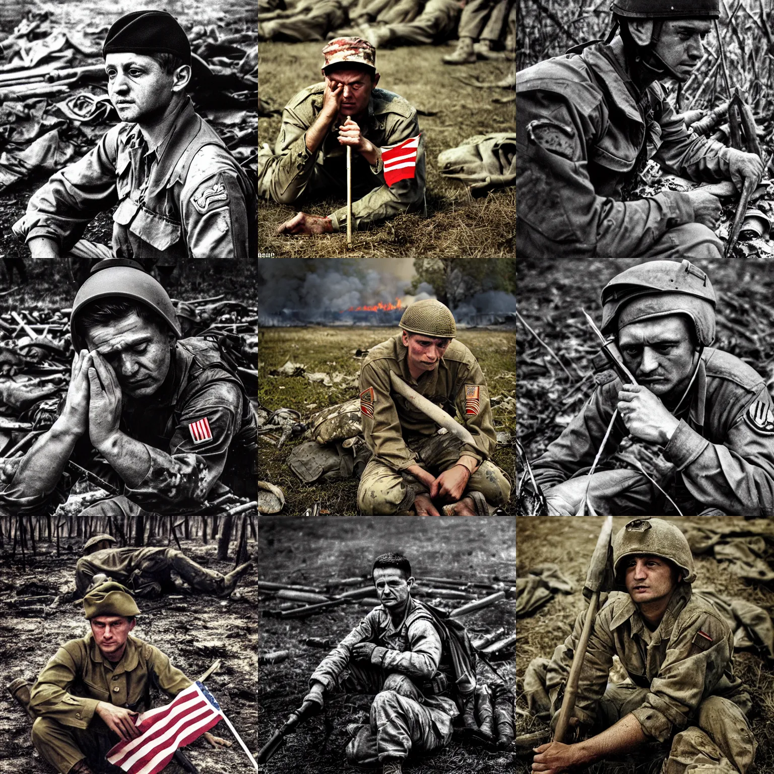 Prompt: Volodymyr Zelensky at war, dressed like a Vietnam war American soldier , sitting on the ground between dead corpses , crying and weeping, holding a half burnt flag of Ukraine, sharp focus, depth of field, hyper detailed, hyper realistic, High definition, by Donald McCullin