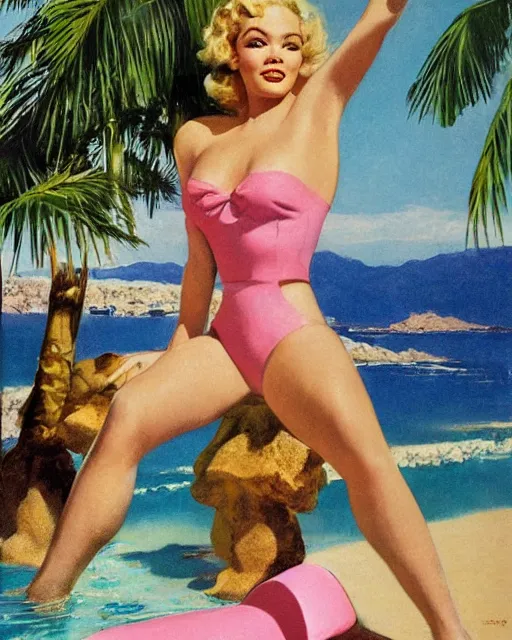 Prompt: tuesday weld in a pink bikini, tuesday weld half immersed in water in a palm springs midcentury swimming pool by gil elvgren, by mort kunstler, by earl norem