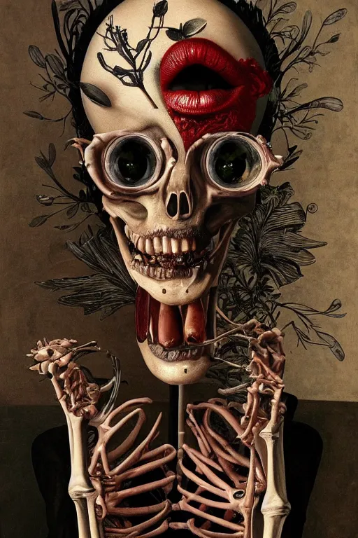 Image similar to Detailed maximalist portrait with large lips, smoking a cigarette, with large eyes, exasperated expression, skeletal with extra fleshy bits, botanical high fashion, HD mixed media 3d collage, highly detailed and intricate, surreal illustration in the style of Caravaggio, dark art, baroque