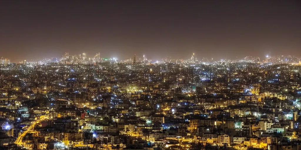 Prompt: a dragon flying in tehran skyline in a winter night, full moon in the sky