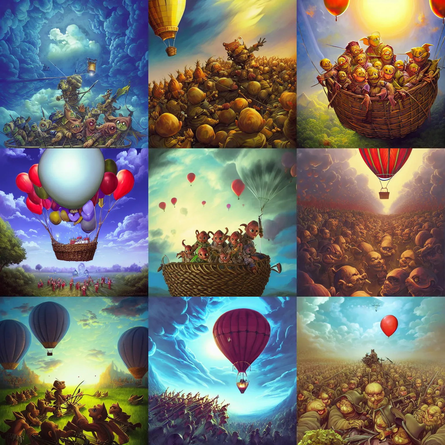 Prompt: A Beautiful digital artwork of the A bunch of goblins in the basket of a travel balloon, war and battle, in style by Dan Mumford, Cyril Rolando and M.W Kaluta, 8k resolution, Ultrafine details, Rendered in Unreal Engine 5, Cinematic Composition, Reimagined by industrial light and magic, smooth,4k, beautiful lighting, HDR, IMAX, Cinema 4D, shadow depth