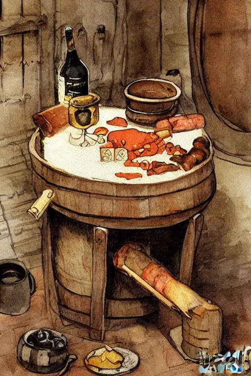 Image similar to pork, meat, schnapps, cheese, candle on a barrel in a cellar, watercolor painting by anderz zorn and carl larsson