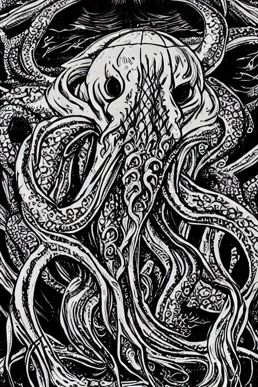 Image similar to cthulhu rising from the water, movie poster, black ink on paper, trending on artstation, beautiful, intricate, detailed