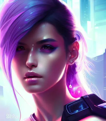 Image similar to beautiful portrait of a cyberpunk goddess who looks like Demi Rose , character design by charlie bowater, ross tran, artgerm, and makoto shinkai, detailed, soft lighting, rendered in octane