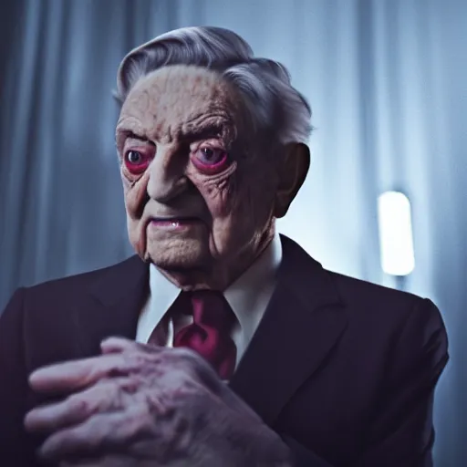 Image similar to Portrait of George Soros as an angry vampire, splash art, movie still, cinematic lighting, dramatic, octane render, long lens, shallow depth of field, bokeh, anamorphic lens flare, 8k, hyper detailed, 35mm film grain