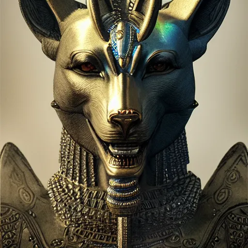 Image similar to portrait of anubis, intricate artwork, concept art, octane render, deviantart, cinematic, key art, hyperrealism, iridescent accents, portrait photograph, nikon 3 5 mm, photograph by greg rutkowski