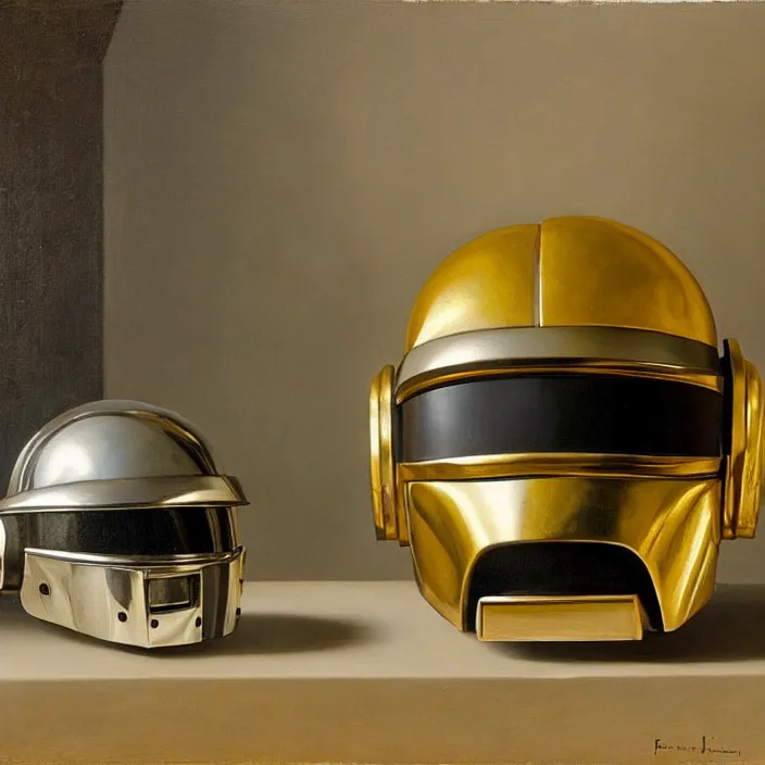 Prompt: still life painting of a daft punk helmets and greenery by pieter claesz, oil on canvas, strong lighting, highly detailed, hyper realism, golden hour, god rays, hd, 4 k