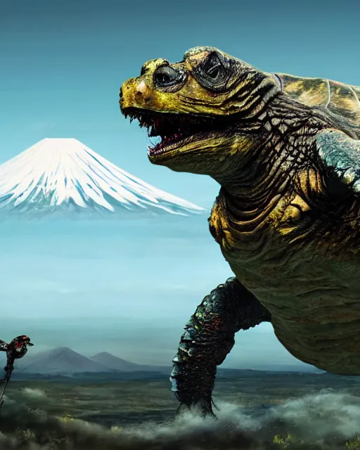 Image similar to full body photos of Gamera, the giant Turtle kaiju monster with Mount Fuji in the background, cinematic style, atmospheric, Japan, hyperreal