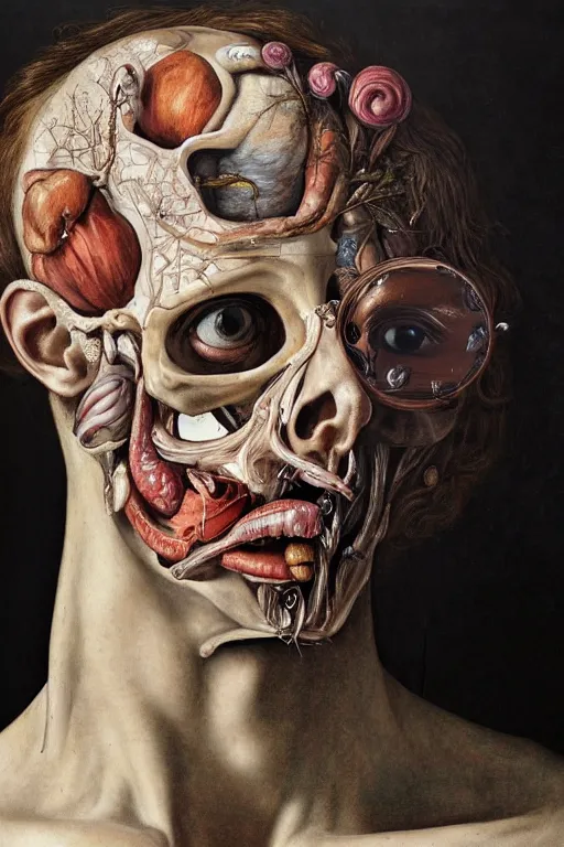 Image similar to Detailed maximalist portrait of a greek god with large lips and eyes, scared expression, botanical anatomy, skeletal with extra flesh, HD mixed media, 3D collage, highly detailed and intricate, surreal illustration in the style of Jenny Saville, dark art, baroque, centred in image