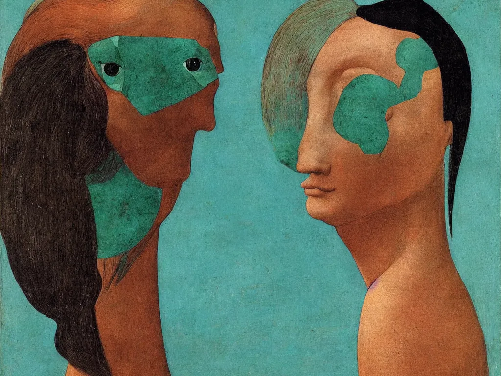 Prompt: portrait of a woman head, negative horse head with close up exotic betta fish. turquoise, malachite, cinnabar, earth brown painting by piero della francesca, balthus, agnes pelton