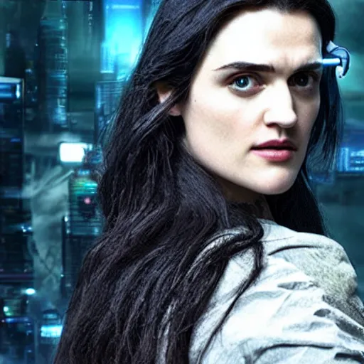 Image similar to Katie McGrath as Cyberpunk Morgana