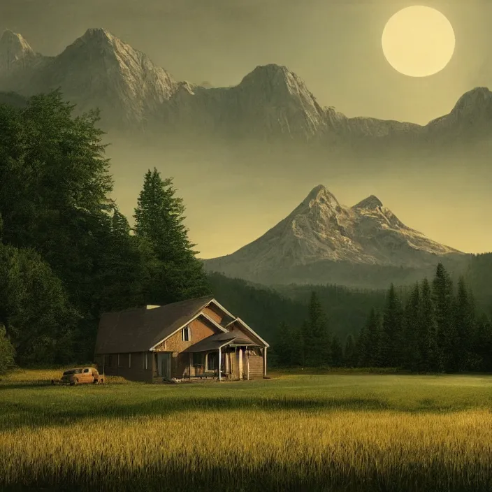 Prompt: a house in a field with mountains in the background, a matte painting by gregory crewdson, behance contest winner, american scene painting, matte painting, concept art, movie still