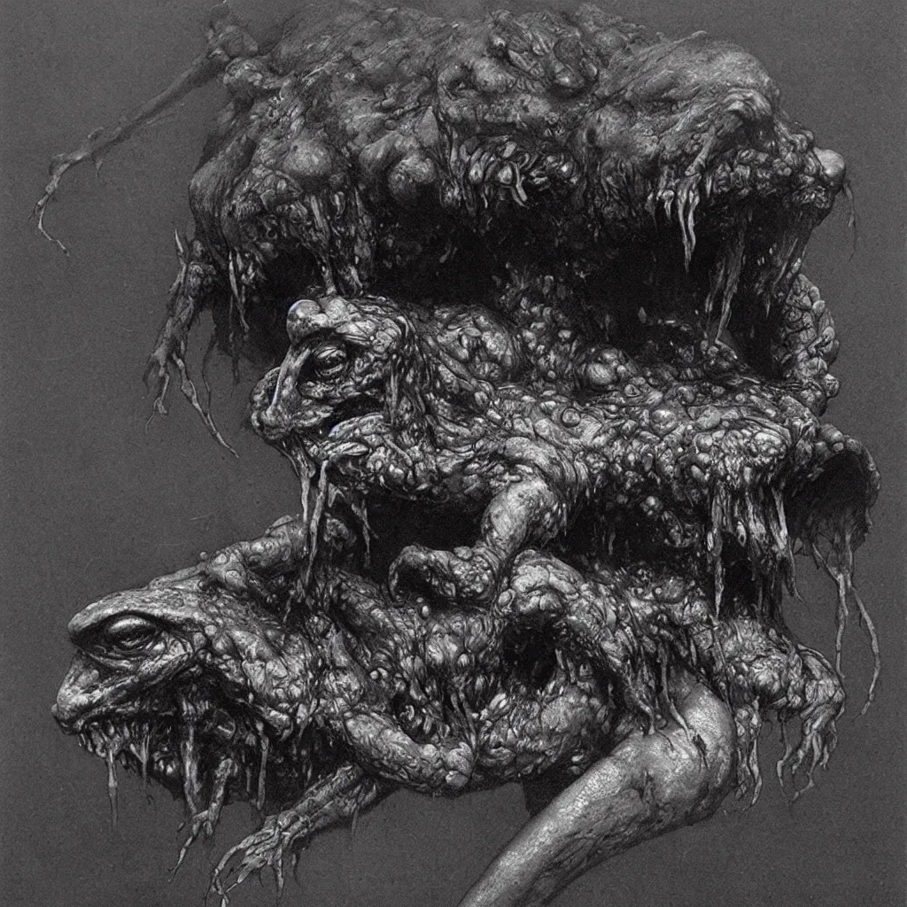 Prompt: horrifying bullfrog creature, fangs, necromorph, style of zdislaw beksinski