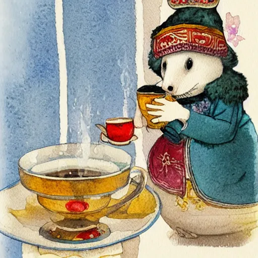 Image similar to russian mouse drinks tea from samovar with her little children, children book illustration, 9 k, watercolor