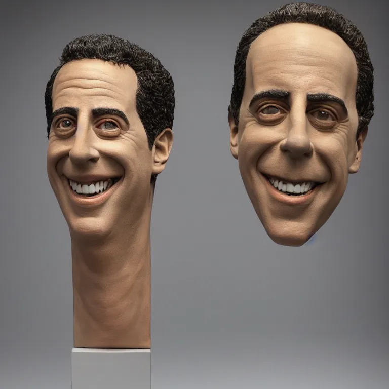 Image similar to beautiful studio photograph of colorful postmodern portrait sculpture of jerry seinfeld toothy smile, beautiful symmetrical face accurate face detailed face realistic proportions, made of charcoal - stained polymer clay on a pedestal by ron mueck and matthew barney and greg rutkowski, hysterical realism intense cinematic lighting shocking detail 8 k