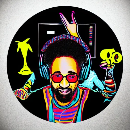 Image similar to svg sticker of a Dancing-Ben-Harper-Snoop-Spike-Lee-with-a-large-Afro-Puff, at a rave, spinning records, giant headphones rocking out, wearing headphones, huge speakers, dancing, rave, DJ, spinning records, digital art, amazing composition, rule-of-thirds, award-winning, trending on artstation, featured on deviantart