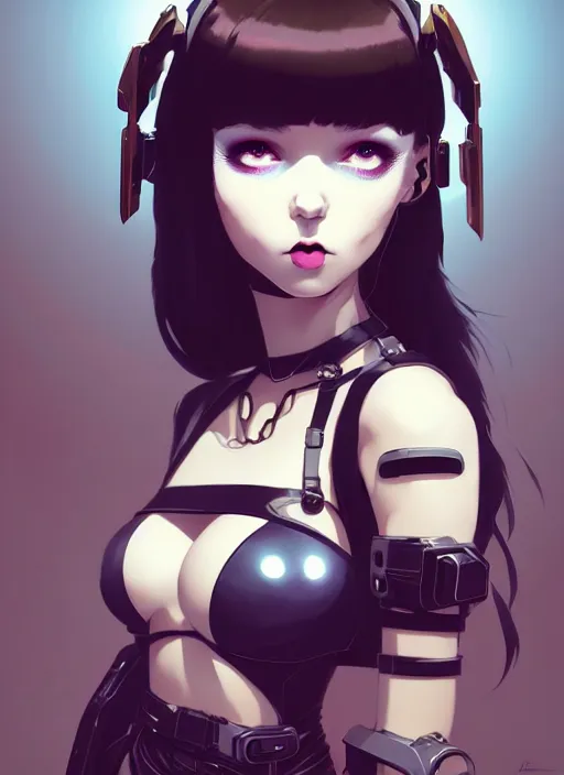 Image similar to portrait of cute goth girl in cyber bikini armor, face by ilya kuvshinov, warhammer, cyberpunk, by atey ghailan, by greg rutkowski, by greg tocchini, by james gilleard, by joe fenton, by kaethe butcher, dynamic lighting, gradient light blue, brown, blonde cream and white color in scheme, grunge aesthetic