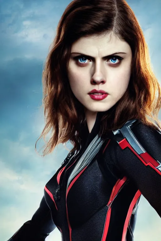 Image similar to alexandra daddario as black widow in avengers, realistic portrait photography, very detailed face