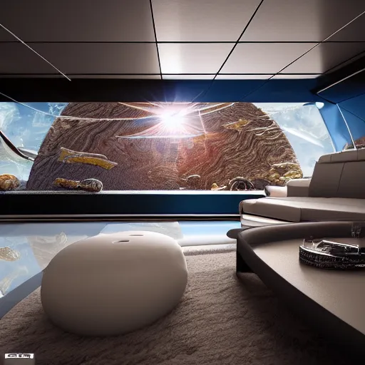 Prompt: futuristic interior design, living room in a spaceship with a window facing earth and the sun, photorealistic, ultra-detailed, 4k high resolution, HDR shot, cinematic lighting