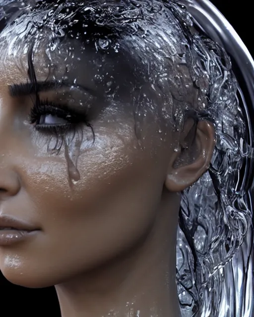 Prompt: epic still of kim kardashian trapped in a transparent alien liquid, wet flowing hair, gooey skin, illustration, unreal engine 5, 8 k, made by h. r. giger.