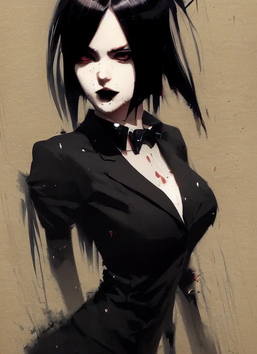 Image similar to ultradetailed beautiful panting of a stylish goth woman wearing a shirt with a tie, dramatic, she has black hair, distressed, by greg rutkowski, ashley wood, makoto shinkai, ilya kuvshinov, on artstation