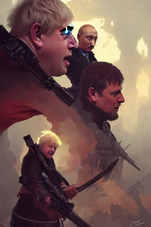 Image similar to aggressive Boris Johnson vs scared Putin, face to face, civil war style, highly detailed, digital painting, artstation, concept art, smooth, sharp focus, illustration, cinematic lighting, art by artgerm and greg rutkowski and alphonse mucha