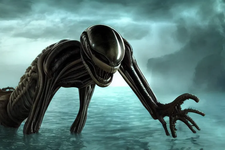 Prompt: alien xenomorph human, realistic, submerged on titan