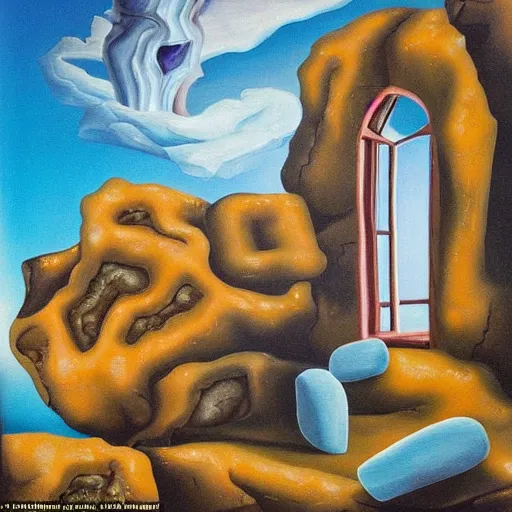 Prompt: a vivid surrealist painting of a melting, gooey, stone building with a door and windows, made out of melting ice cream. on a hill in the mountains and forest on a scorching hot day, in the style of dali