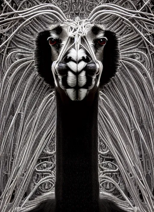 Prompt: stunning llama animal made of intricate metal flower stems and wire cables, hr giger, unreal engine, portrait, tintype, f / 2. 8, black and white, high contrast, lonely, perfectionism, halfrear lighting, insanely detailed and intricate, hypermaximalist, elegant, ornate, hyper realistic, super detailed