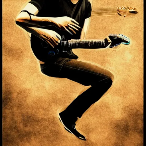 Image similar to a Trey Anastasio guitarist playing so intensely there is electricity shooting out from his guitar, energy beams under his finger tips, and magic sparkles from the freboard, amazing ditial art, trending on artstation, featured on deviantart