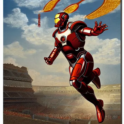 Image similar to hellenistic greece painting of ironman flying across the coliseum